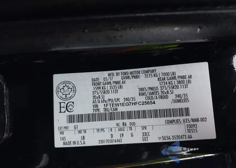 2017 Ford F-150 Lariat z USA, uszkodzony, nr VIN 1FTEW1EG7HFC25654